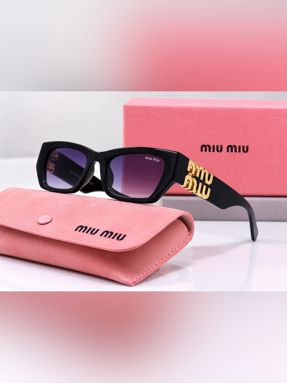 Miu Miu Black Sunglasses with Gold Logo Temples and Purple Gradient Lenses